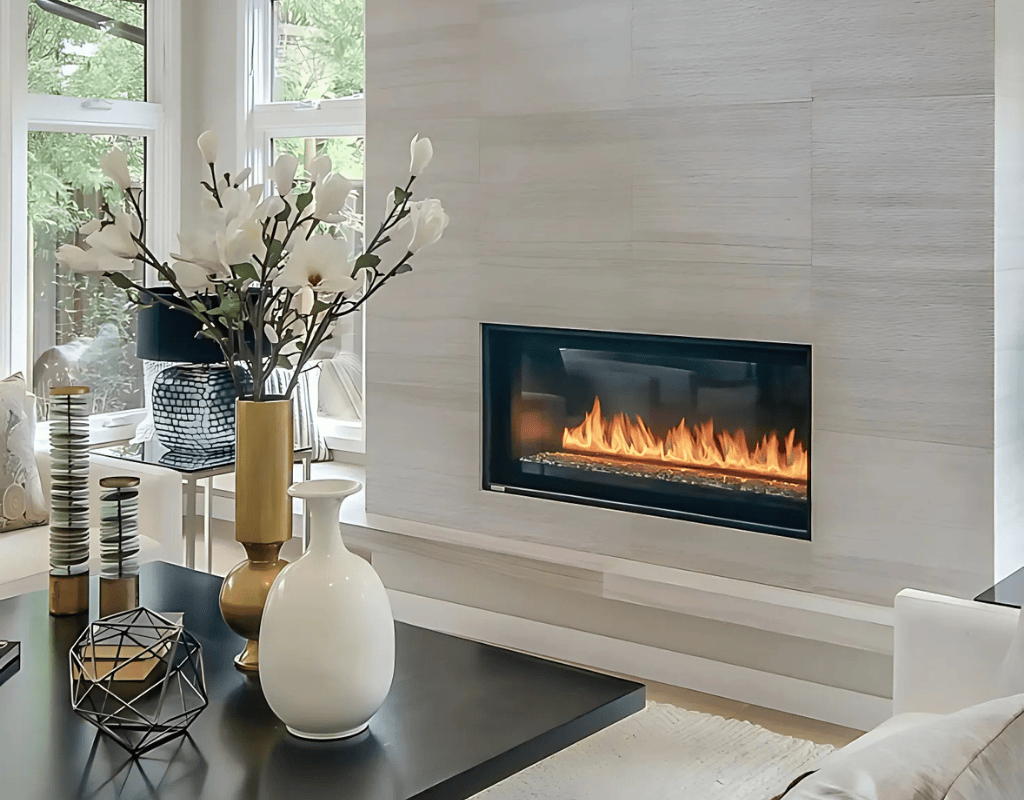 American Heritage Fireplace Chicago recessed linear fireplace in a modern living room
