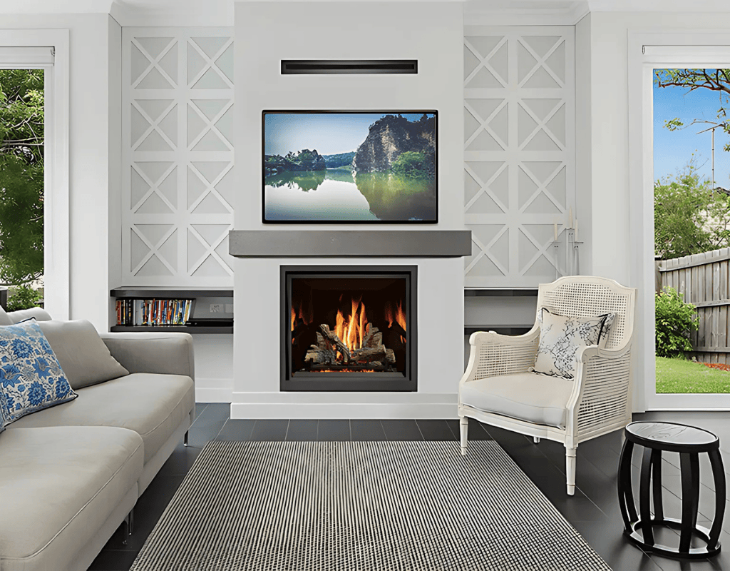 American Heritage Fireplace Chicago built-in fireplace insert with glowing logs in a contemporary setting